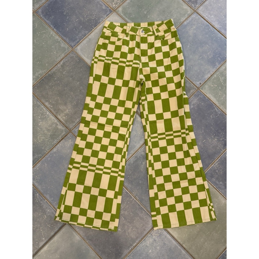 Green Checkered Pants Jeans Baggy Wide Leg Medium Sorority College